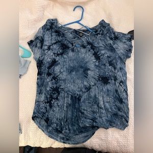 Blue tie dye, cross at the chest soft tee shirt